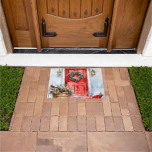 Rustic Vintage Winter Red Christmas Door Wreath Doormat