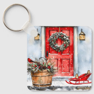 Rustic Vintage Winter Red Christmas Door Wreath Key Ring