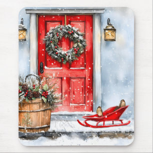 Rustic Vintage Winter Red Christmas Door Wreath Mouse Mat