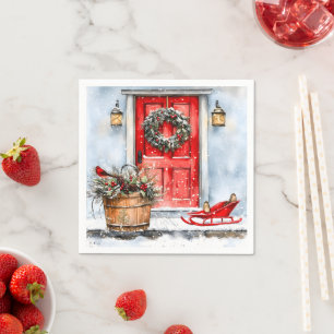 Rustic Vintage Winter Red Christmas Door Wreath Napkin