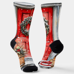 Rustic Vintage Winter Red Christmas Door Wreath Socks