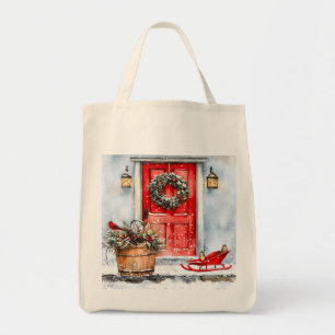Rustic Vintage Winter Red Christmas Door Wreath Tote Bag