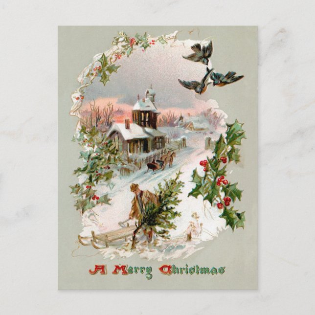 Rustic Vintage Winter Scene with Holly Postcard (Front)