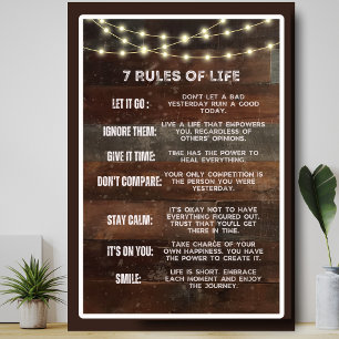 Rustic Vintage Wood 7 Rules of Life Motivational  Poster