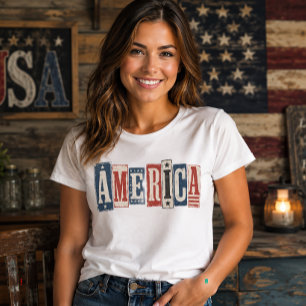 Rustic Vintage Wood Block AMERICA Patriotic T-Shirt