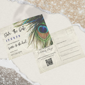 Rustic Vintage Wood Navy Turquoise Peacock Announcement Postcard