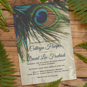 Rustic Vintage Wood Navy Turquoise Peacock Wedding Invitation