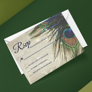 Rustic Vintage Wood Navy Turquoise Peacock Wedding RSVP Card