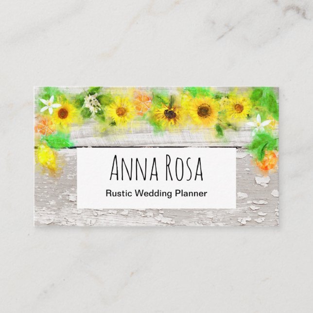 Rustic Vintage Wood Sunflowers Lemons Citrus Business Card (Front)