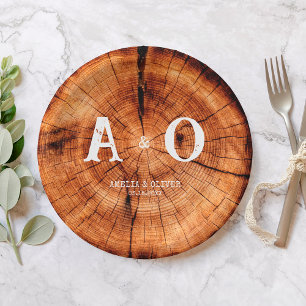 Rustic Vintage Wood Tree Slice Monogram Wedding Paper Plate