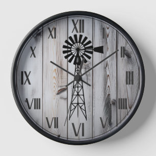Rustic Vintage Wooden White Farmhouse and windmill Clock