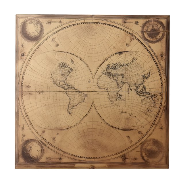 Rustic Vintage World Map Globe Tile (Front)
