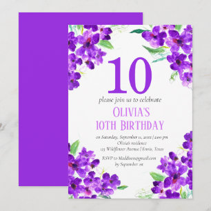 Rustic Violet 10th Birthday Purple Floral Invitation