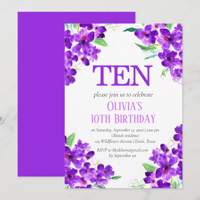 Rustic Violet 10th Birthday Purple Floral Invitation (Front/Back)