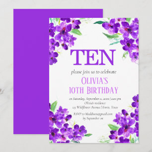 Rustic Violet 10th Birthday Purple Floral Invitation