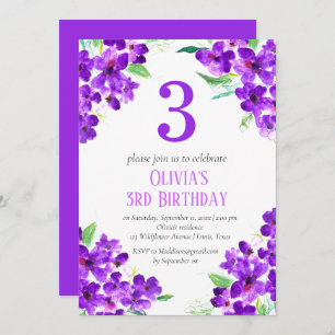 Rustic Violet 3rd Birthday Purple Floral Invitation