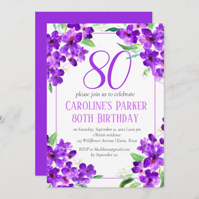 Rustic Violet 80th Birthday Purple Floral Invitation (Front/Back)