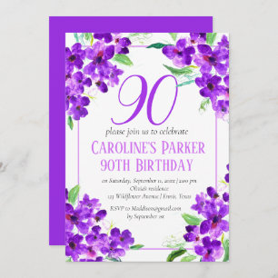 Rustic Violet 90th Birthday Purple Floral Invitation