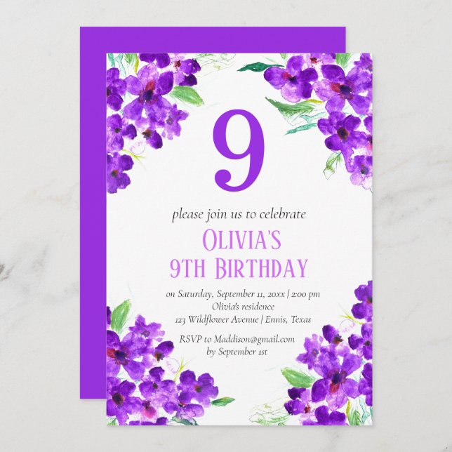 Rustic Violet 9th Birthday Purple Floral Invitation (Front/Back)
