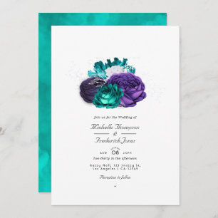Rustic Violet and Turquoise Floral QR Code Wedding Invitation