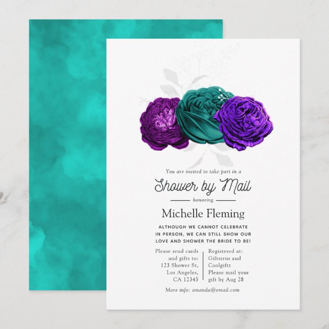 Rustic Violet and Turquoise Floral Shower by Mail Invitation (Front/Back)