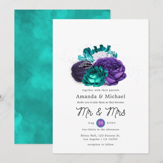 Rustic Violet and Turquoise Floral Wedding Invitation (Front/Back)