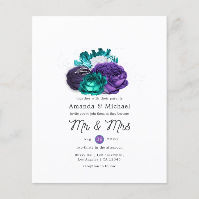 Rustic Violet and Turquoise Floral Wedding Invite Flyer (Front)