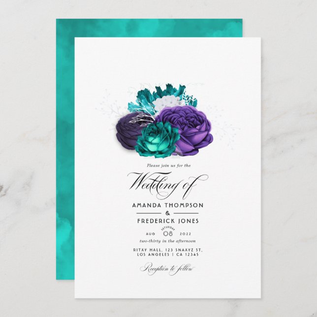 Rustic Violet and Turquoise Floral Wedding Photo Invitation (Front/Back)