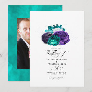 Rustic Violet and Turquoise Floral Wedding Photo Invitation