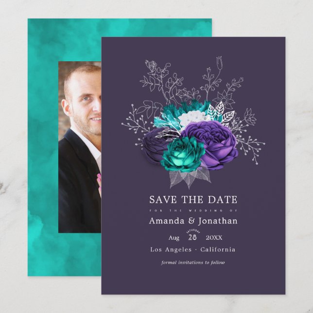 Rustic Violet and Turquoise Floral Wedding Photo Save The Date (Front/Back)