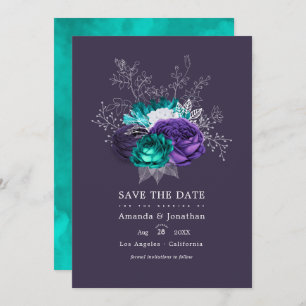 Rustic Violet and Turquoise Floral Wedding Photo Save The Date