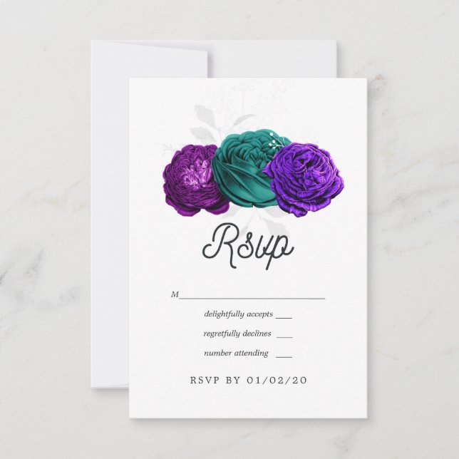 Rustic Violet and Turquoise Floral Wedding RSVP Card (Front)