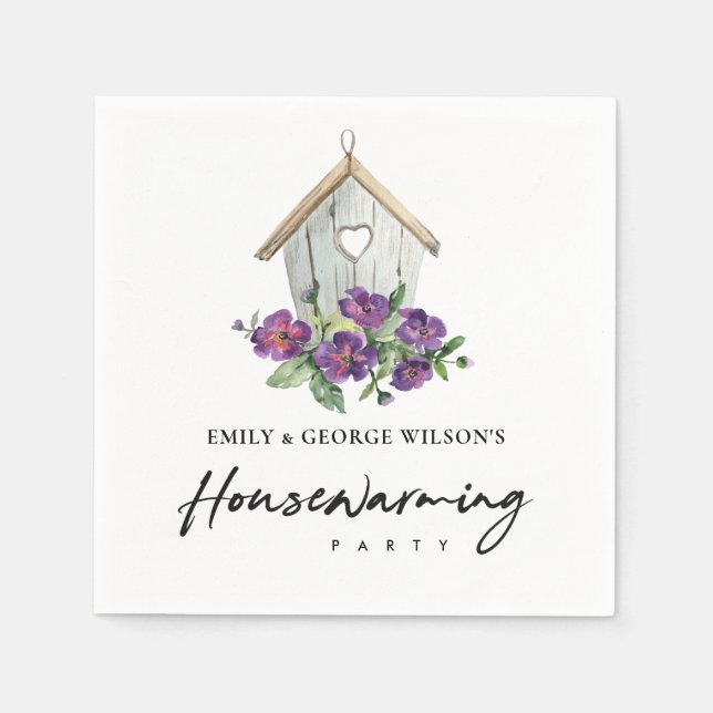 RUSTIC VIOLET FLORAL BIRD HOUSE HOUSEWARMING PARTY NAPKIN (Front)