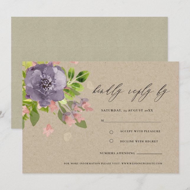 RUSTIC VIOLET KRAFT WILD FLOWER & FOLIAGE MONOGRAM INVITATION (Front/Back)