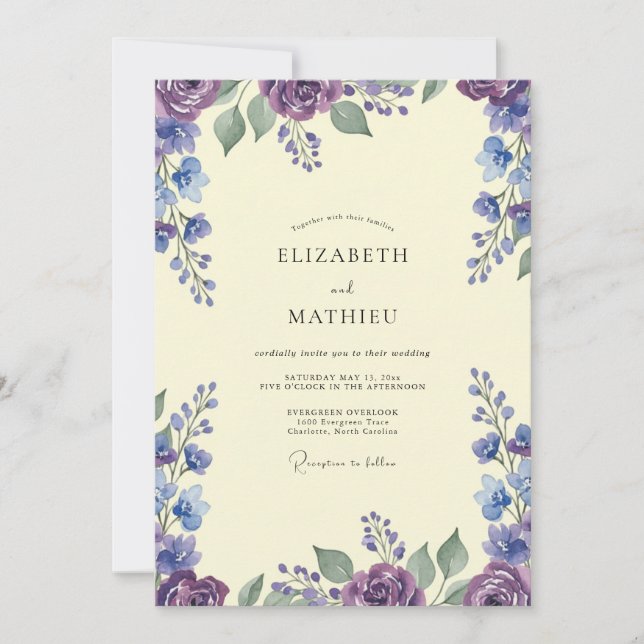 Rustic Violet Periwinkle Leafy Wedding Invitation (Front)