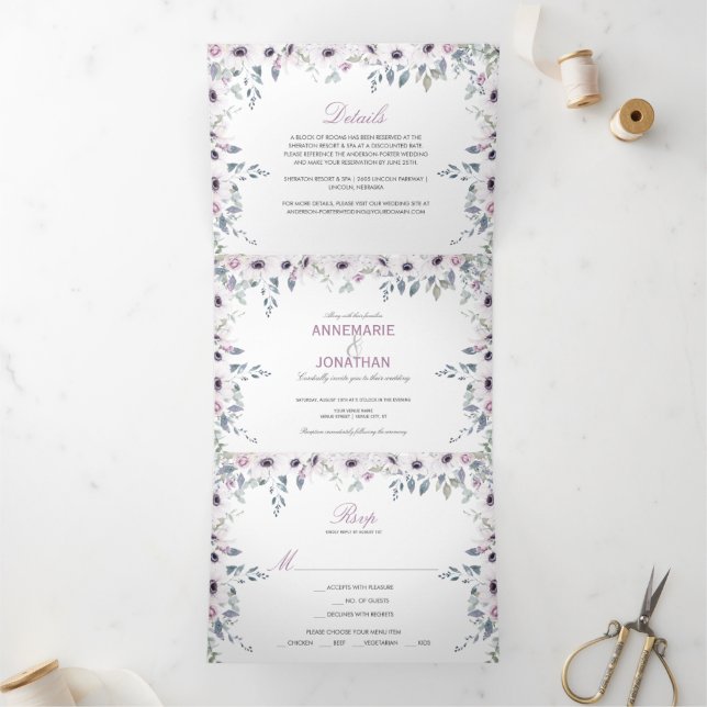Rustic Violet & Pink Watercolor Roses Wedding Tri-Fold Invitation (Inside)