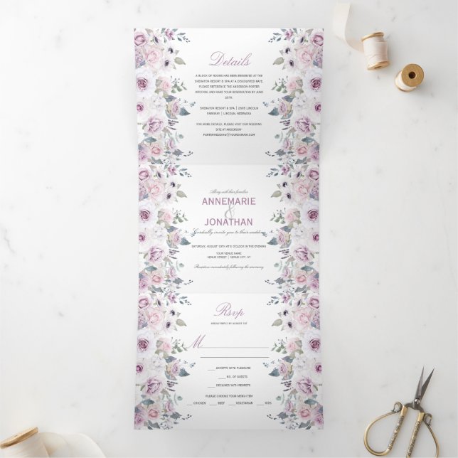 Rustic Violet & Pink Watercolor Roses Wedding Tri-Fold Invitation (Inside)