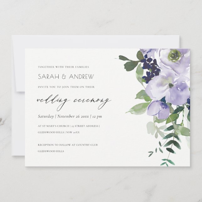 Rustic Violet Purple Floral Leafy Wedding Invite (Front)