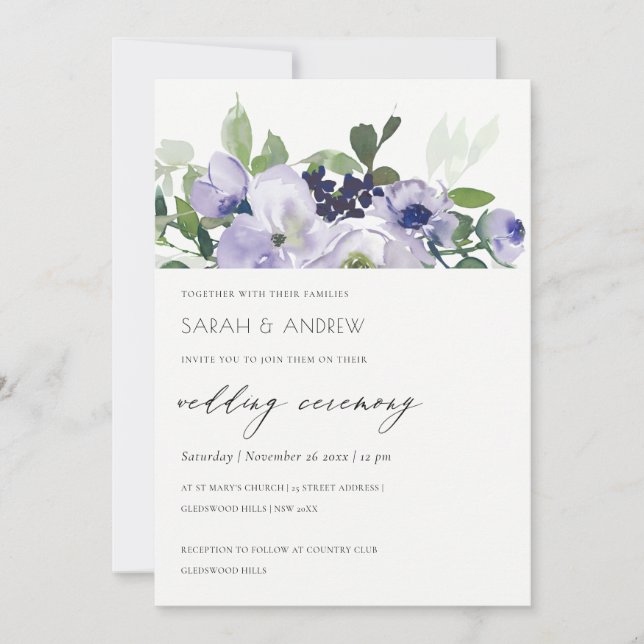 Rustic Violet Purple Floral Leafy Wedding Invite (Front)