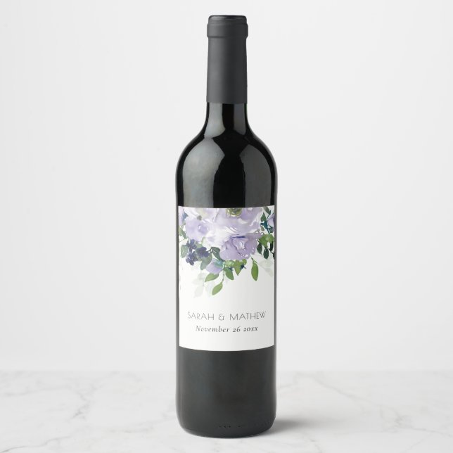 Rustic Violet Purple Navy Floral Leafy Wedding Wine Label (Front)