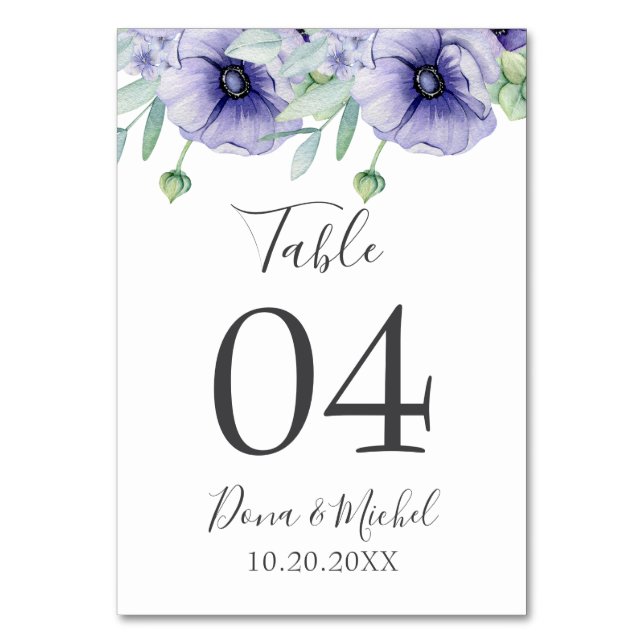 Rustic Violet Summer Wild Floral Wedding Table Number (Front)