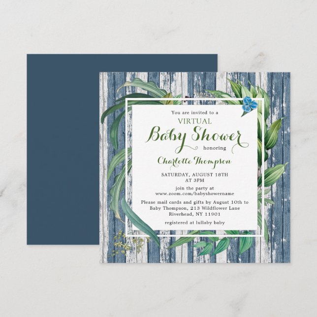 Rustic Virtual Baby Shower Watercolor Green Floral Invitation (Front/Back)