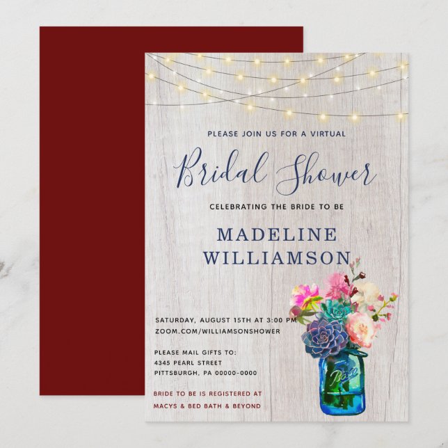 Rustic Virtual Bridal Shower Mason Jar Succulents Invitation (Front/Back)