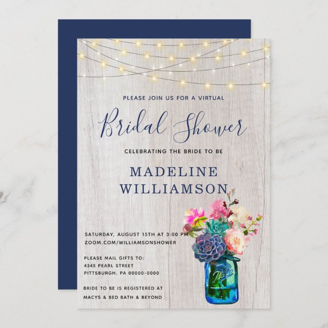 Rustic Virtual Bridal Shower Mason Jar Succulents Invitation (Front/Back)