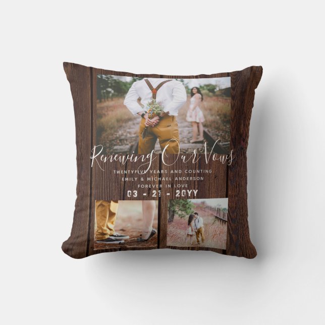 Rustic Vow Renewal Anniversary Photo Collage Cushion (Front)