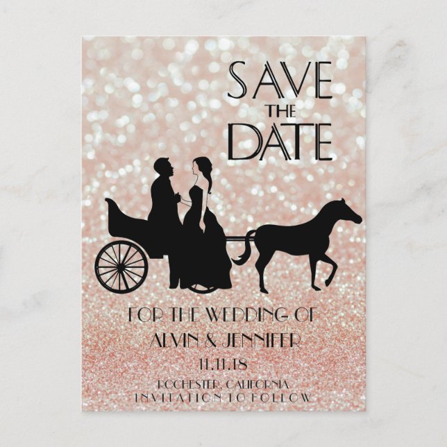 Rustic Wagon Wedding Pink Rose Glitter Couple Postcard (Front)