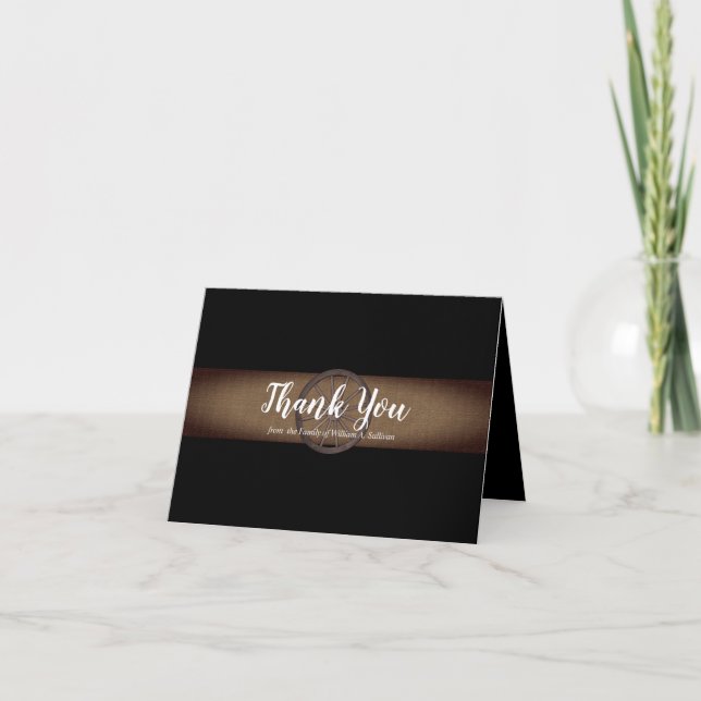 Rustic Wagon Wheel Black Bereavement Thank You Card (Front)