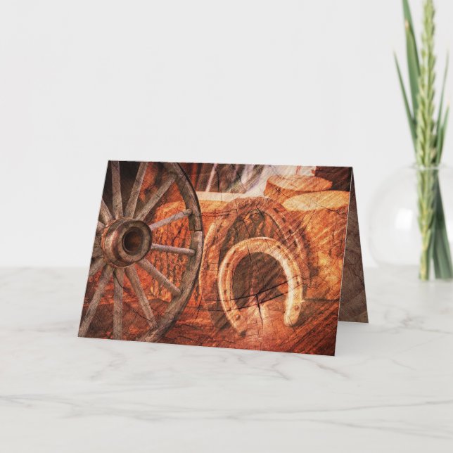 Rustic Wagon Wheel Horseshoes Western Style Holida Holiday Card (Front)