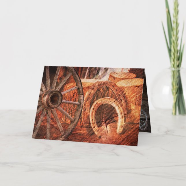 Rustic Wagon Wheel Horseshoes Western Style Holiday Card (Front)
