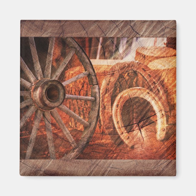 Rustic Wagon Wheel Horseshoes Western Style Magnet (Front)